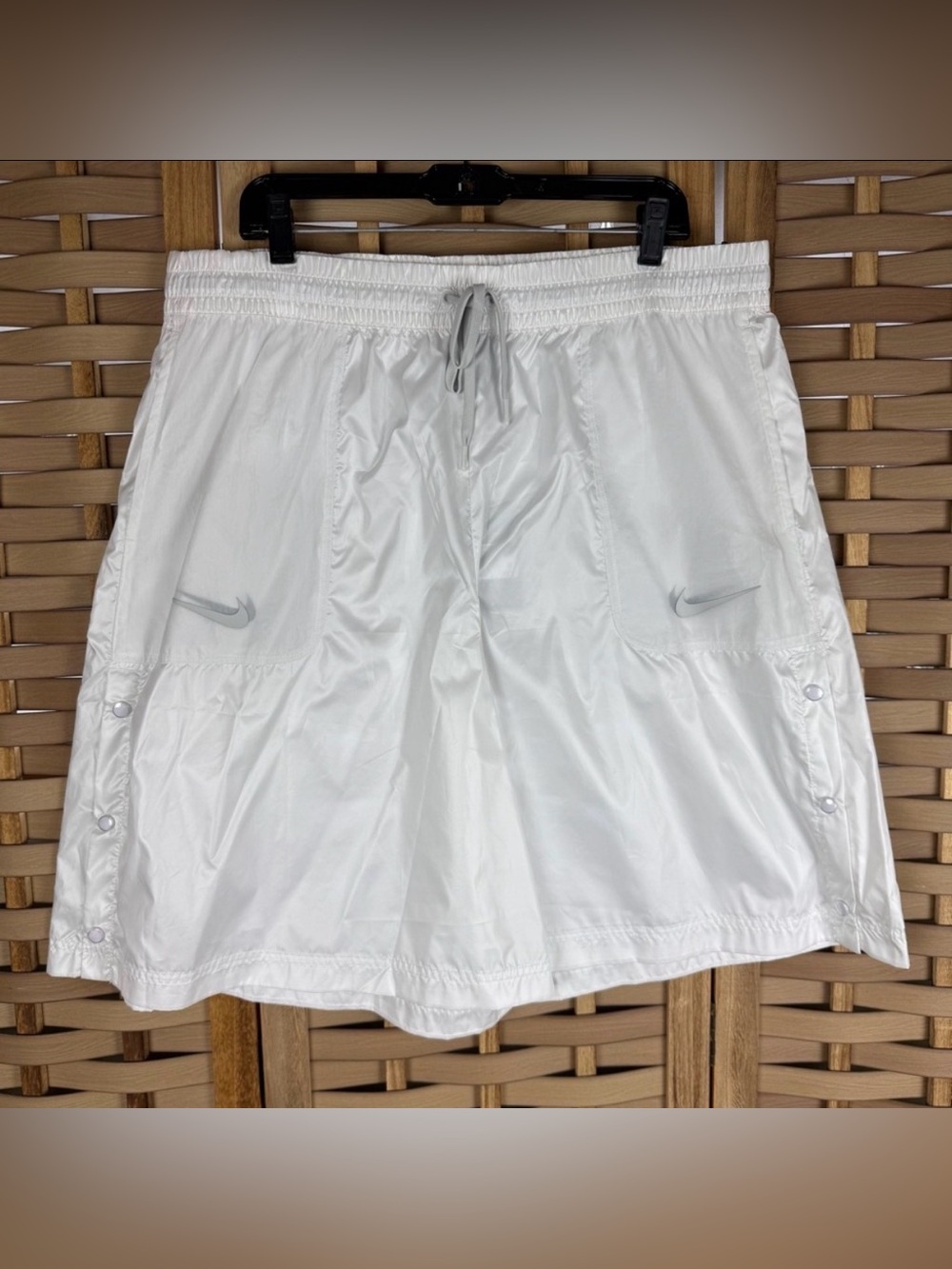 Nike NWT White Double Layer Semi Sheer Shorts Silver Shadow Swoosh W Snap Detail